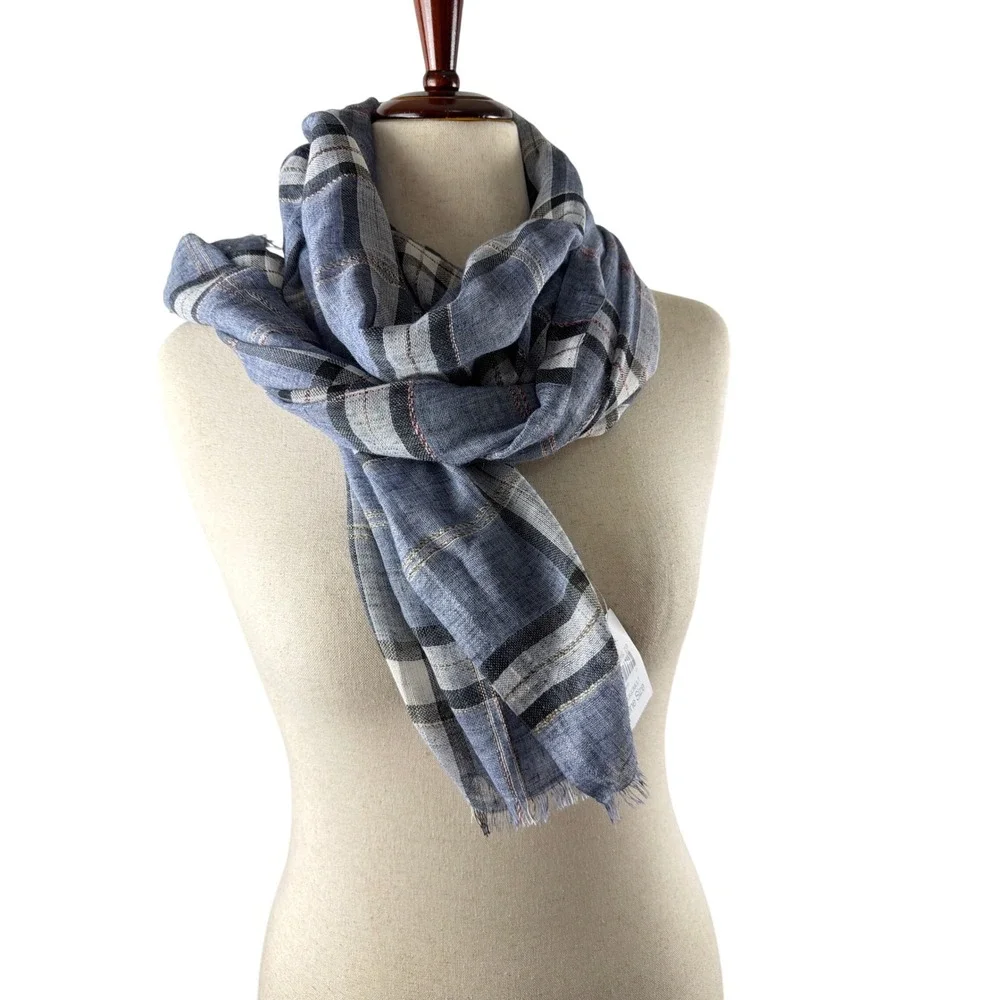 NWT JJill Indigo Blue Plaid Lightweight Scarf Cotton Blend Metallic Fringe